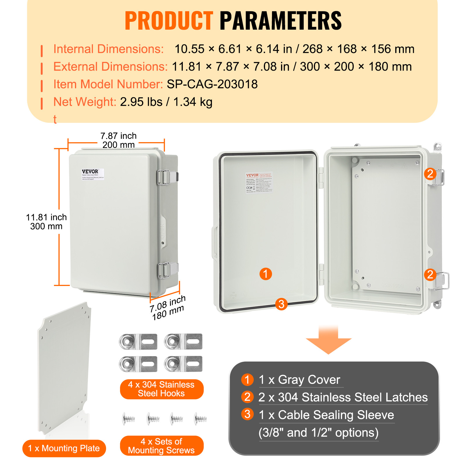 VEVOR Outdoor Junction Box 11.81×7.87×7.08 in ABS Plastic Electrical Enclosure