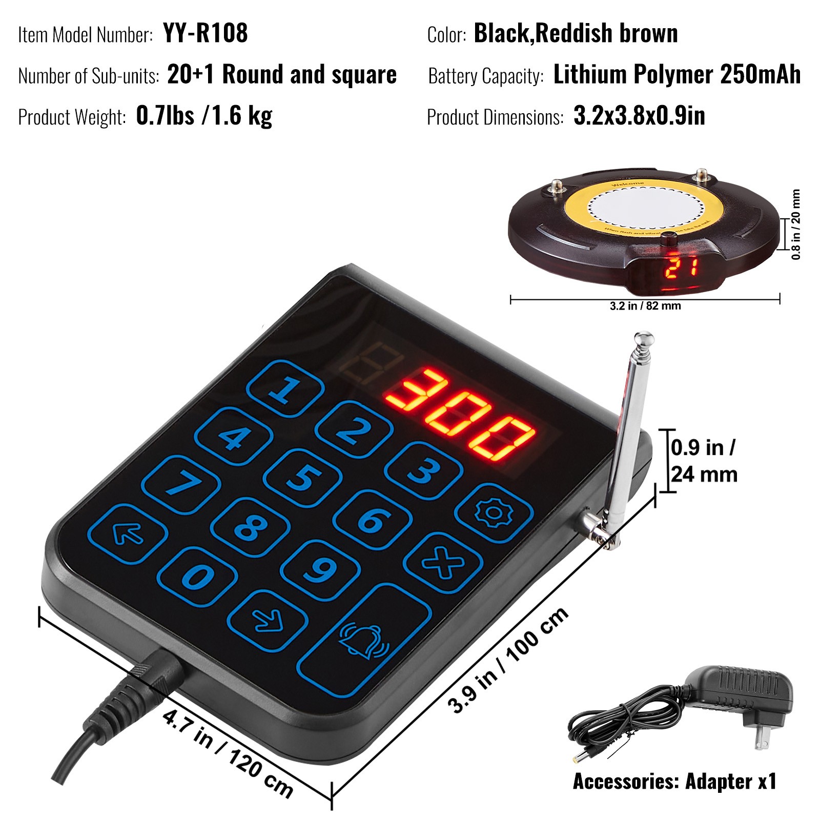 VEVOR 20+1 Pagers Restaurant Pager System Wireless Food Service 24h Standby Time