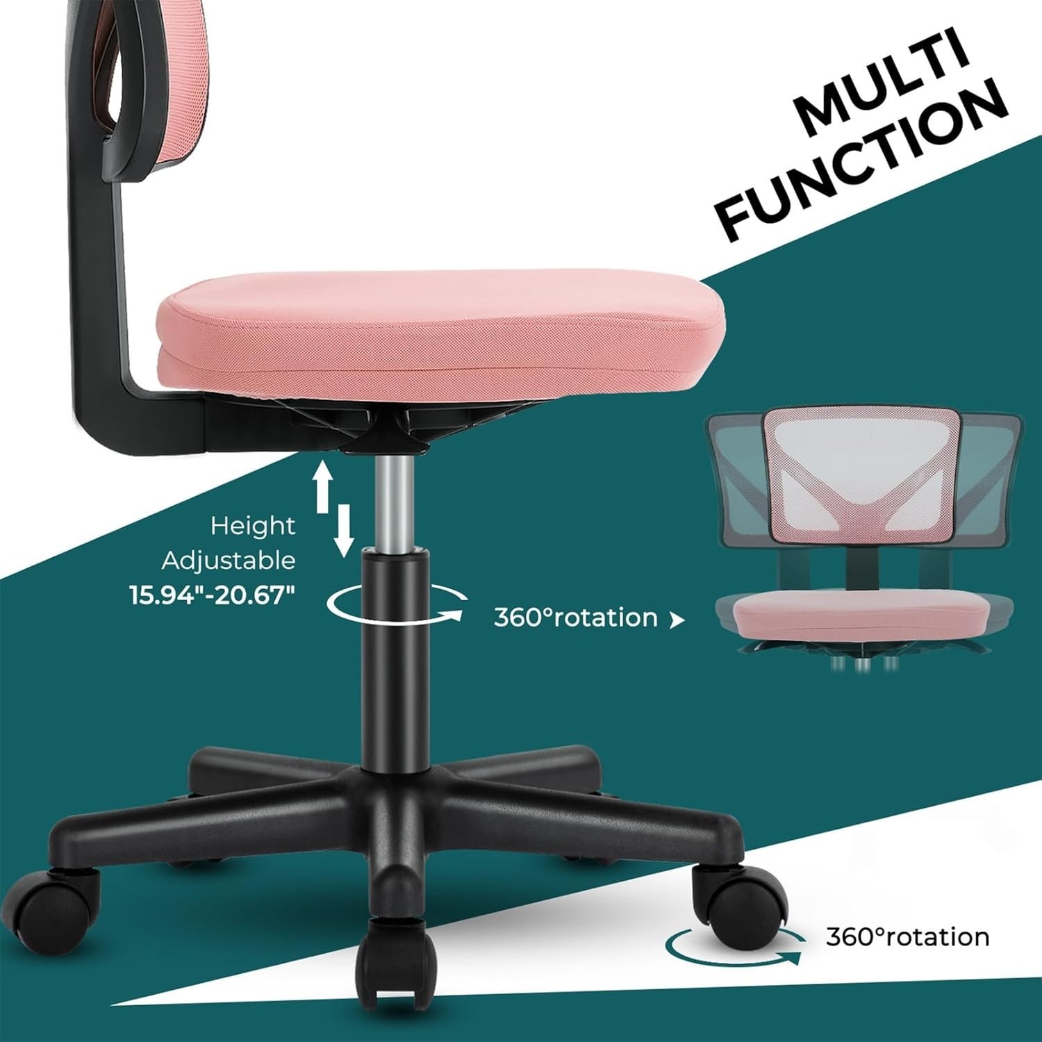 Ergonomic Hot Pink Armless Office Chair – Adjustable & Rolling for Small Spaces
