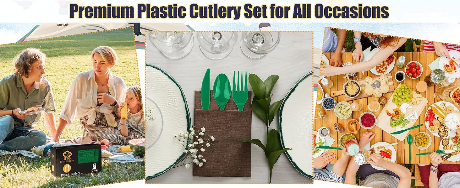 90 Pieces Dark Green Plastic Cutlery Set Disposable Plastic Utensils Heavy Duty