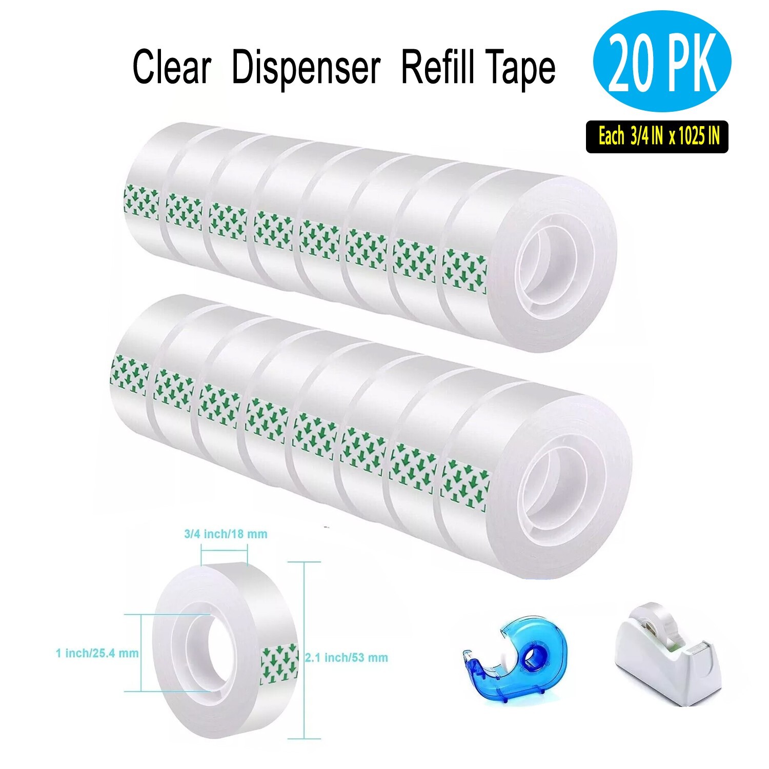 Clear Transparent Tape Rolls 3/4″ x 1025″ Dispenser Refill 20 Tape Rolls Scotch