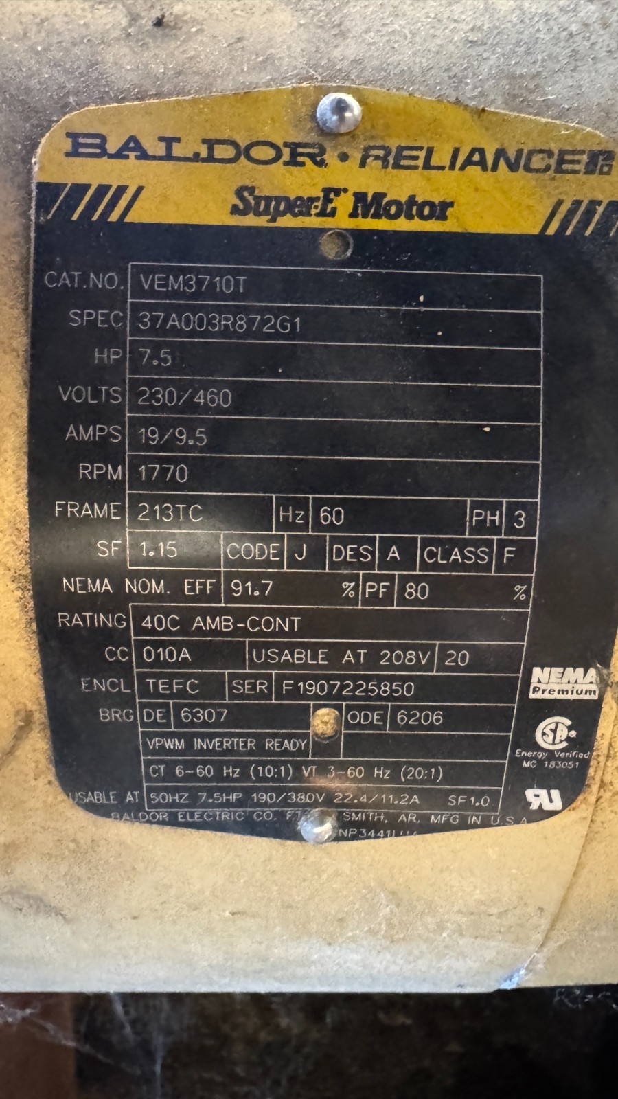 Baldor VEM3710T 7.5 HP 230/460 1770 RPM 213TC Frame TEFC
