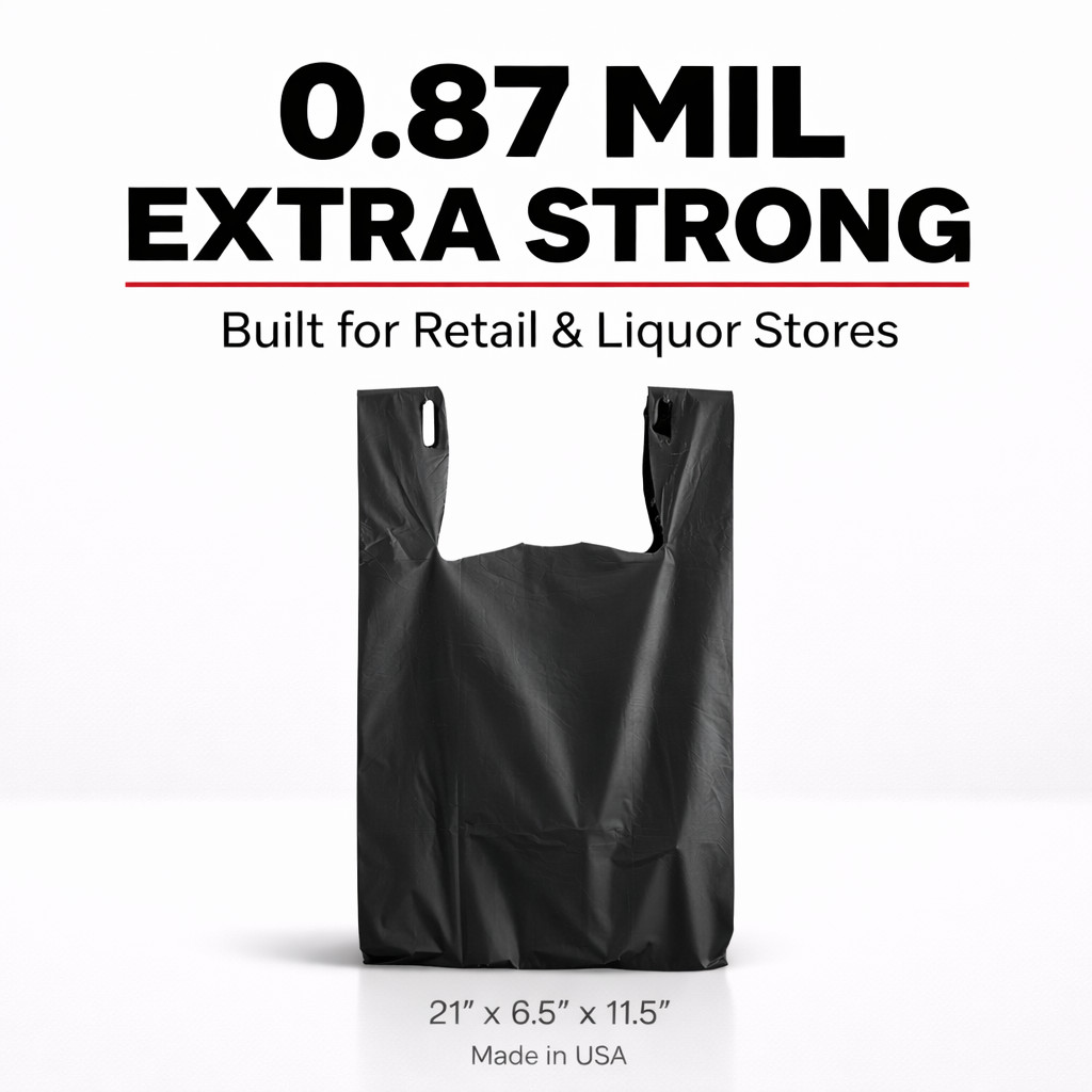Bags 1/6 21 x 6.5 x 11.5 Heavy Duty .87 Mil BLACK T-Shirt Plastic Shopping Bags