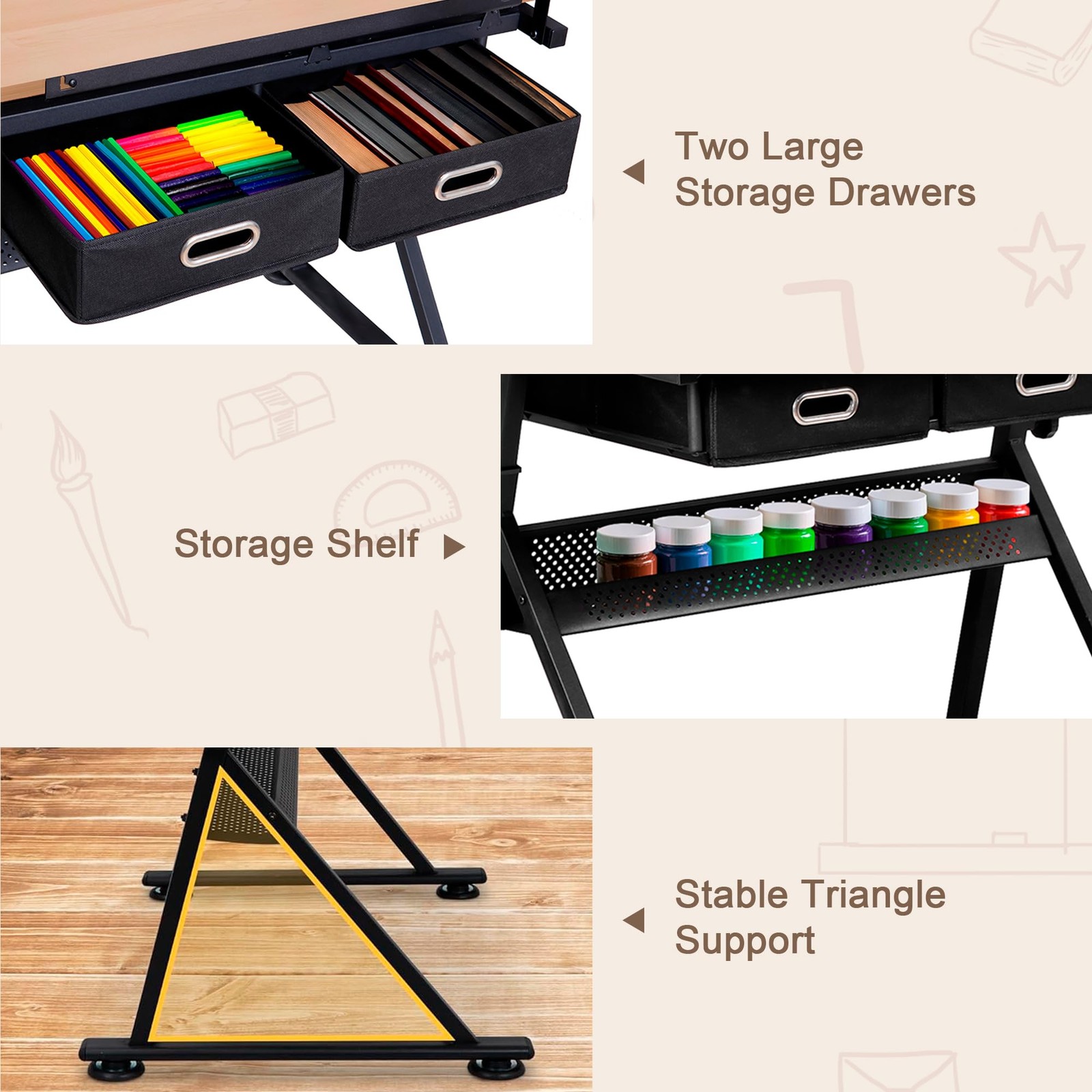 Adjustable Drafting Table with Stool Tilting Drawing Desk Storage Drawers