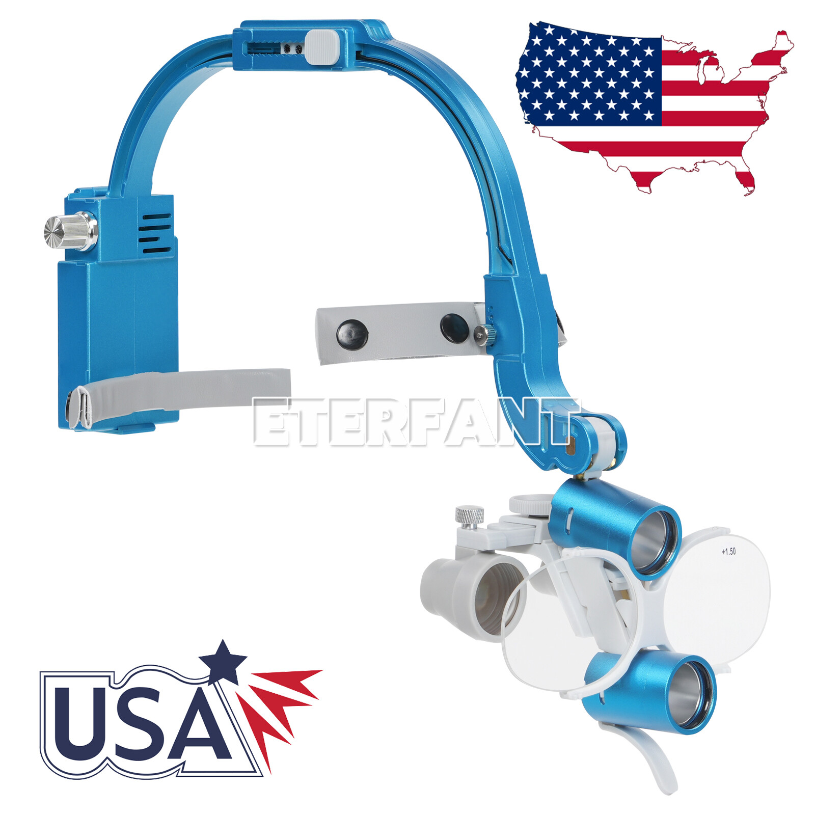 ETERFANT 3.5X Dental Headband Binocular Loupes 5W Dual LED Head Light 2Leds Blue