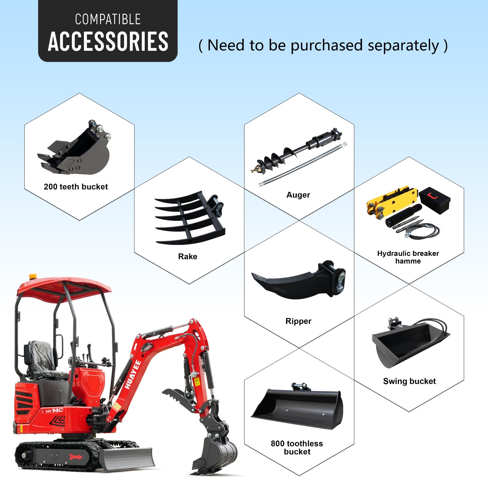 HUAYEE Mini Excavator 1.4Ton Digger 13.5HP Gas Engine EPA Hydraulic Thumb Clip