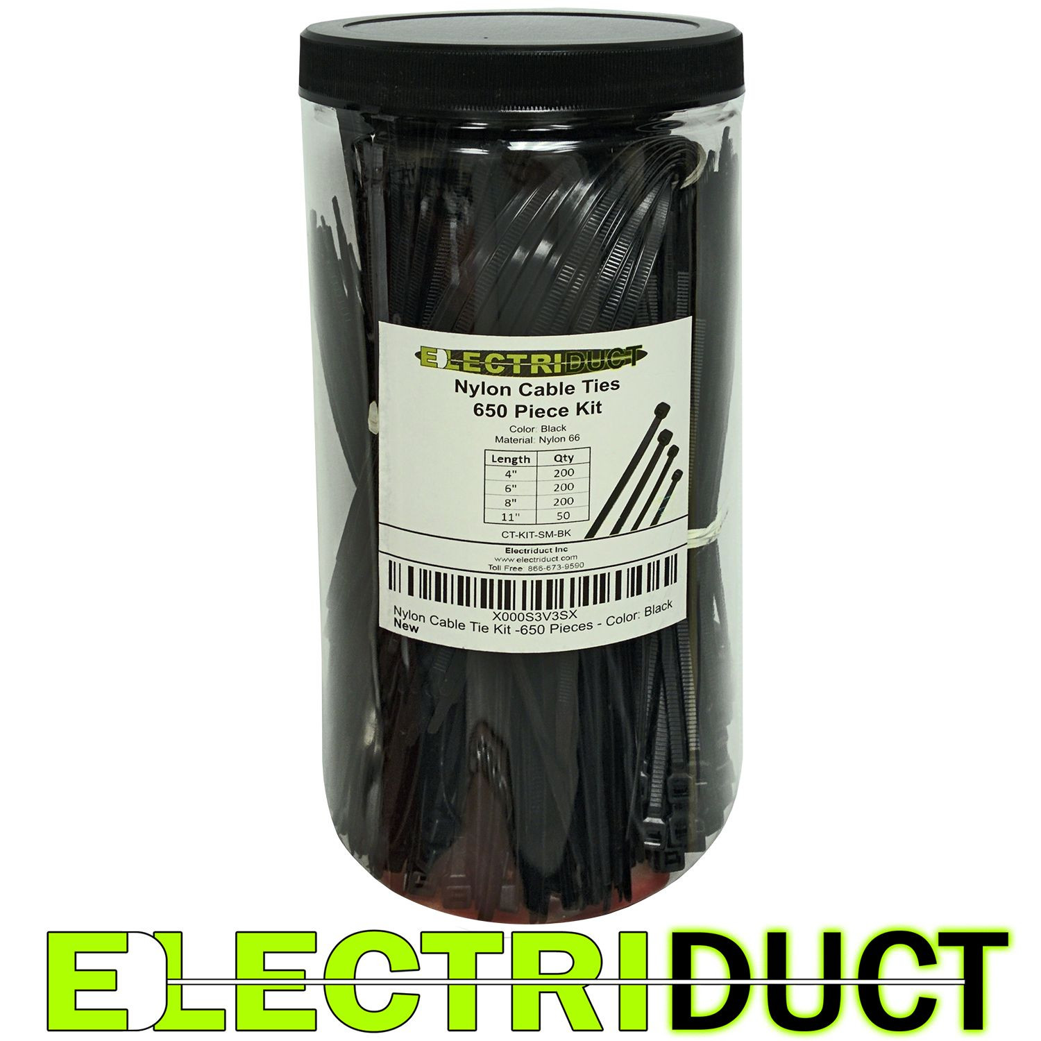 Nylon Cable Ties Kits 650 Pieces – 4″ – 6″ – 8″ – 11″ – Black – Electriduct