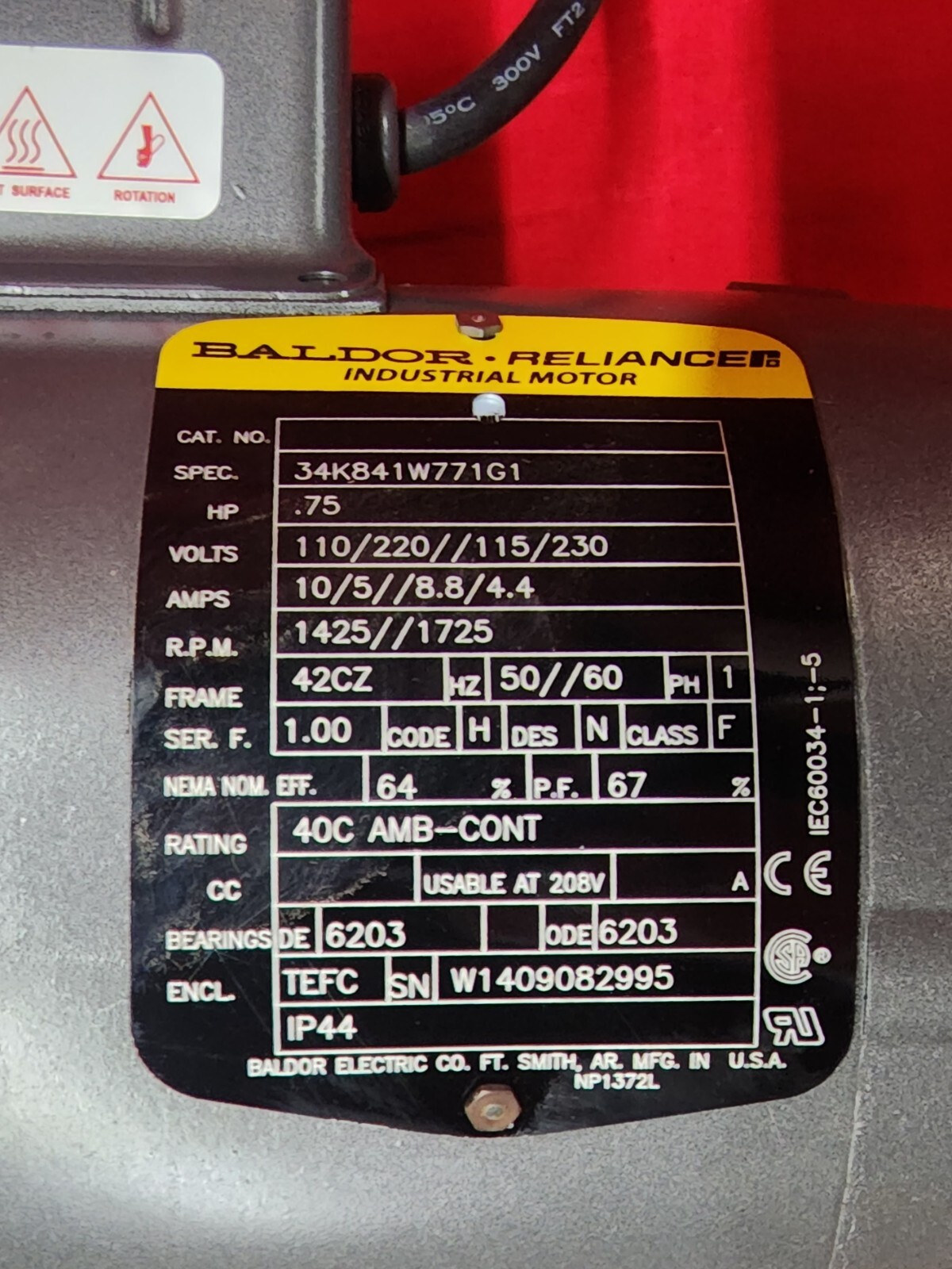 BALDOR INDUSTRIAL MOTOR 34K841W771G1 .75HP 1425 1725RPM 1PH 50/60HZ FRAME 42CZ