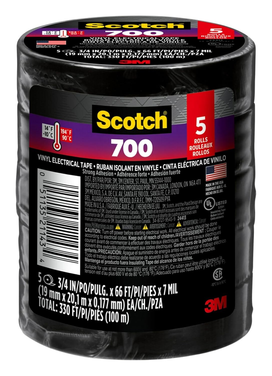 Scotch Vinyl 700 Electrical Tape 5 Rolls Black 3/4-in x 66-ft Commercial Grade