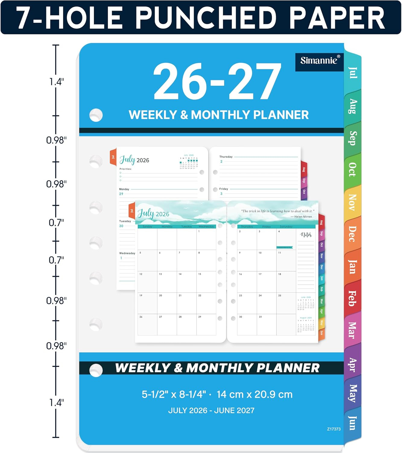 2026–2027 A5 Planner Refills 7-Hole Punched Jul 2026–Jun 2027 Weekly Monthly Pla