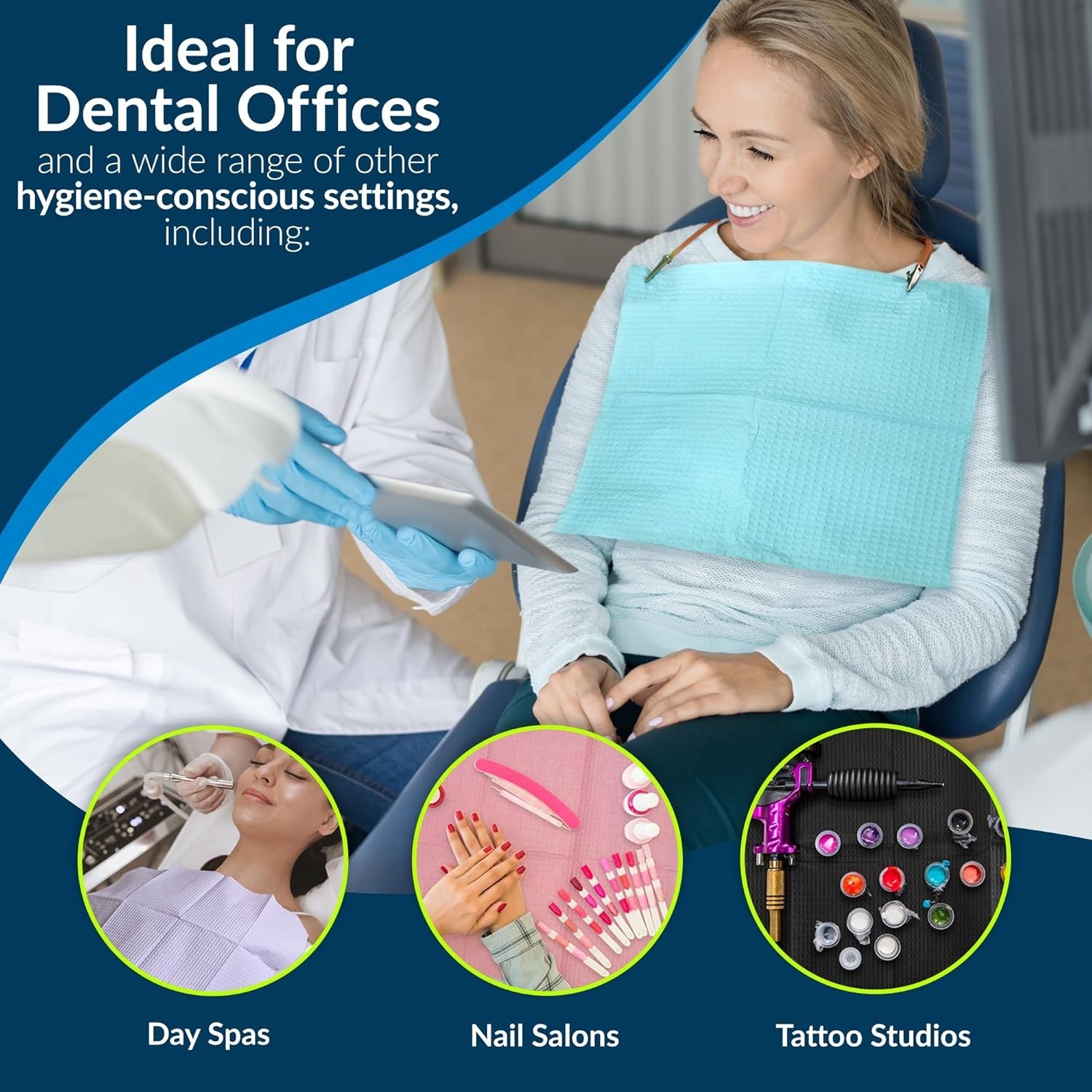 Hygienic Disposable Dental Bibs by Choice – Blue, 3-Layer, 125 Count, USA Made