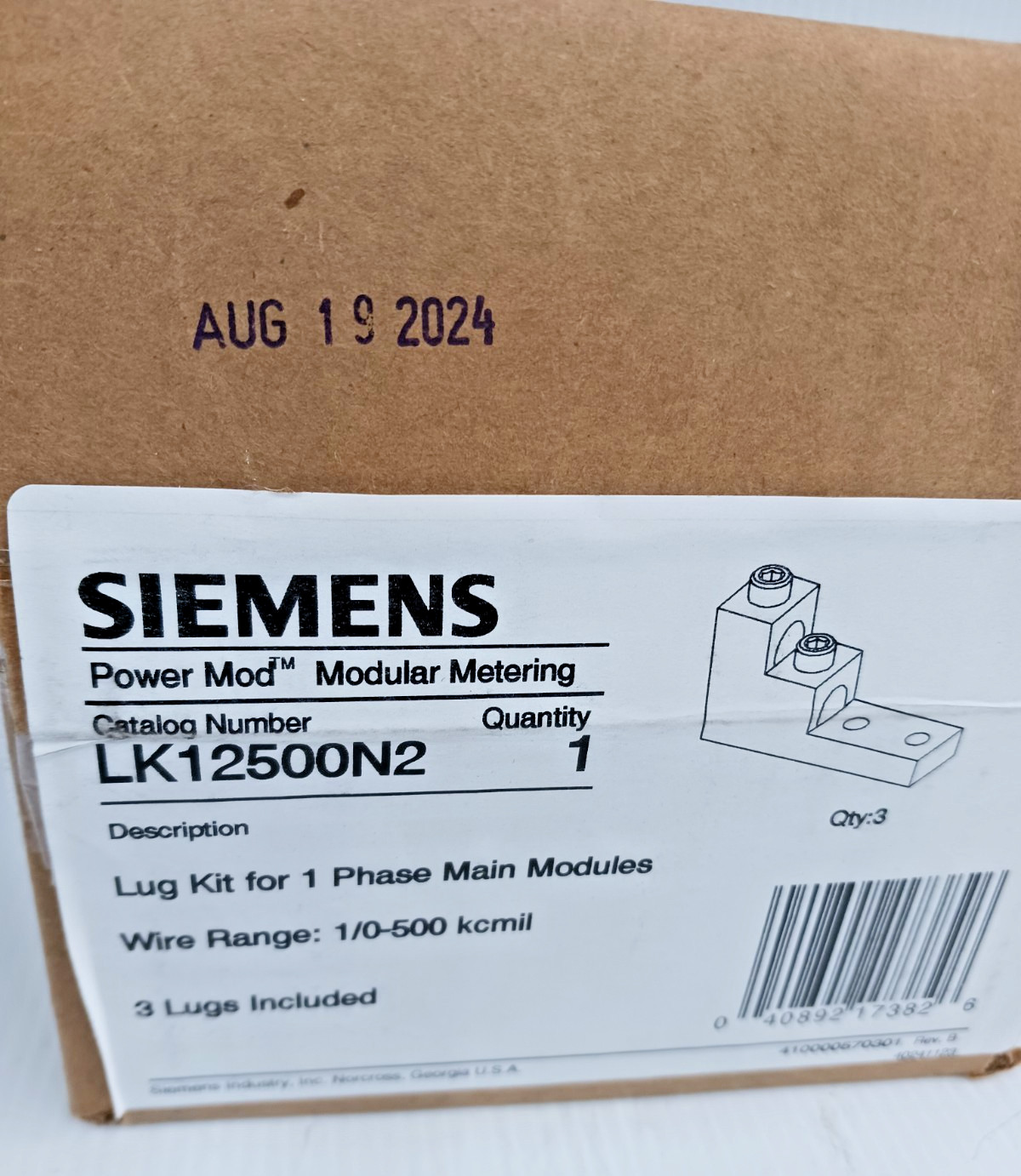 New Siemens LK12500N2 Lugs Kit for 1 Phase Main Modules 1/0-500 KCMIL Pack of 3