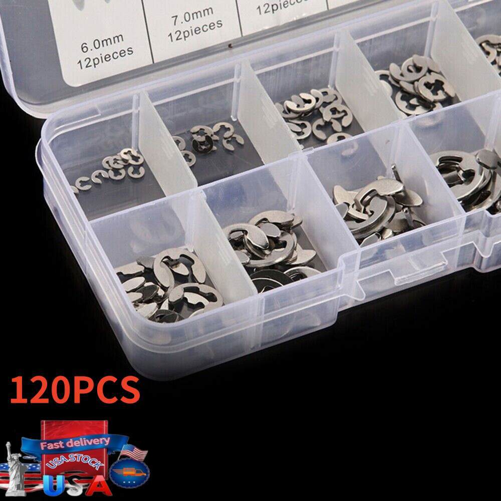 120Pcs E Clips C Circlip Stainless Steel Kit Retaining Ring Assorted 1.5 to 10mm