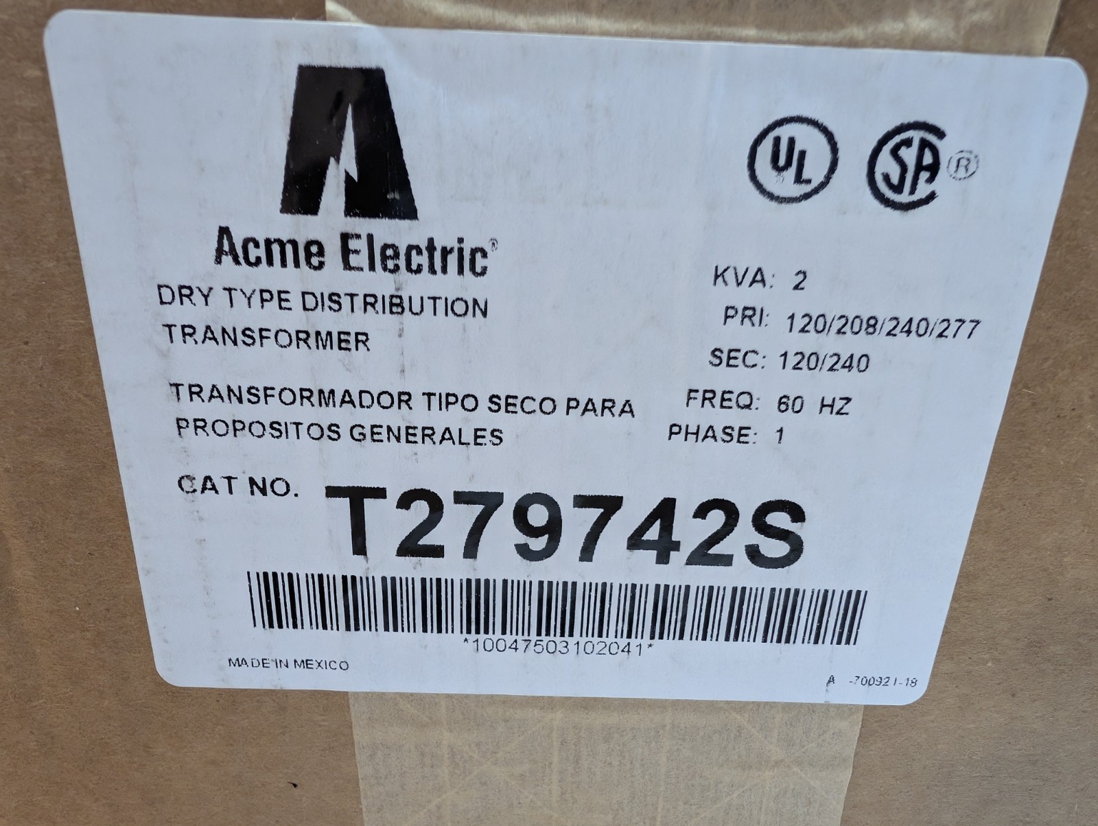 Acme Electric T279742S Distribution Transformer 120/208/240/277V 2 KVA Dry Type