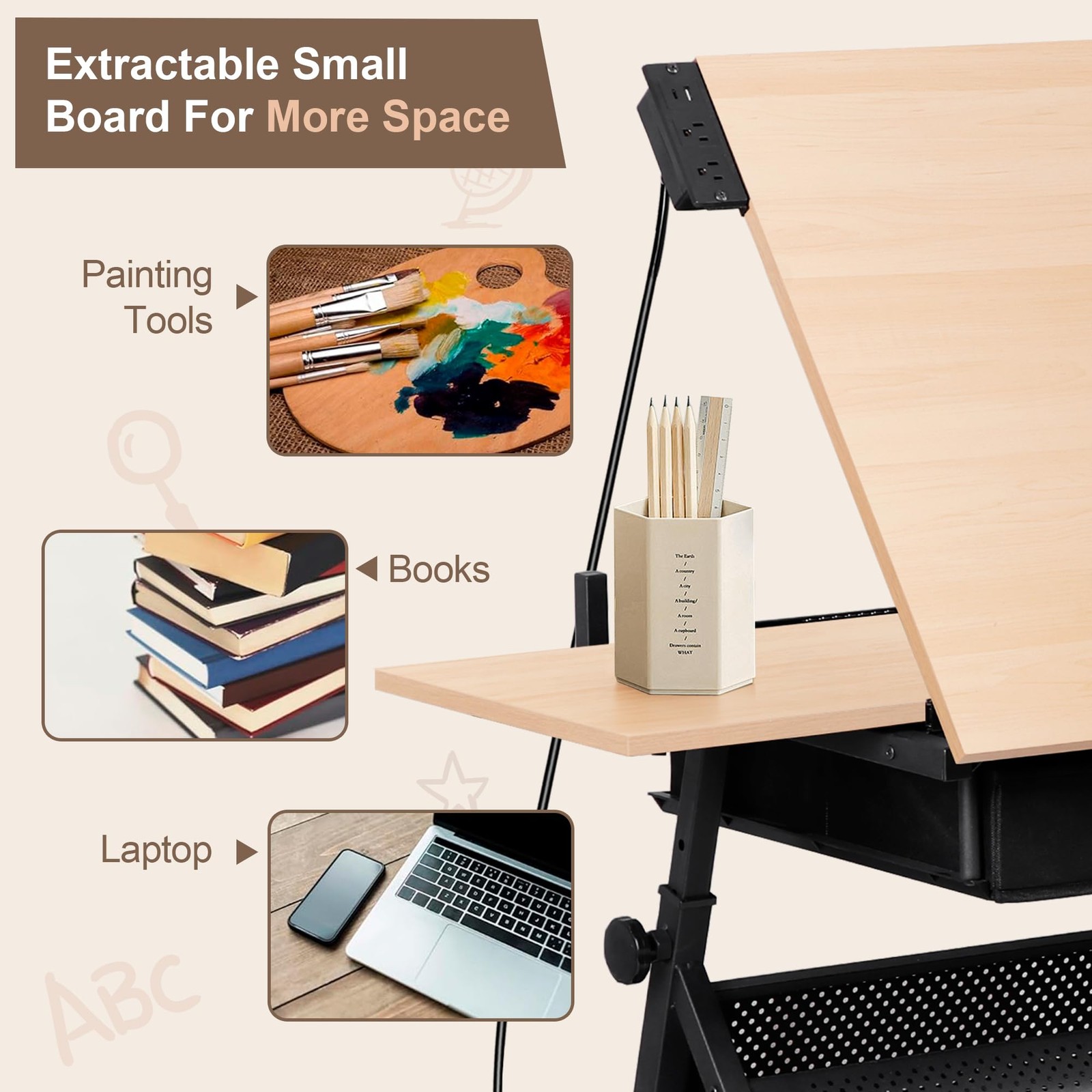 Adjustable Drafting Table with Stool Tilting Drawing Desk Storage Drawers