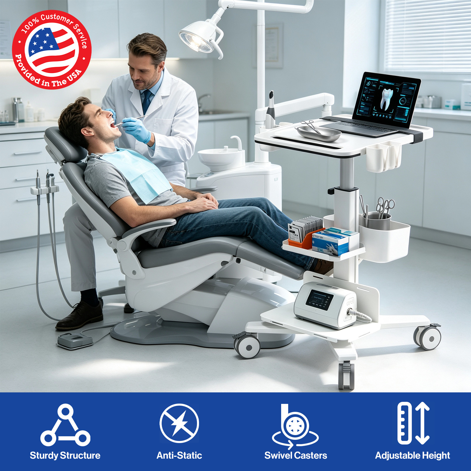 Medical Trolley Cart with Laptop Tray & Oral Scanner Holder, Height Adjustable