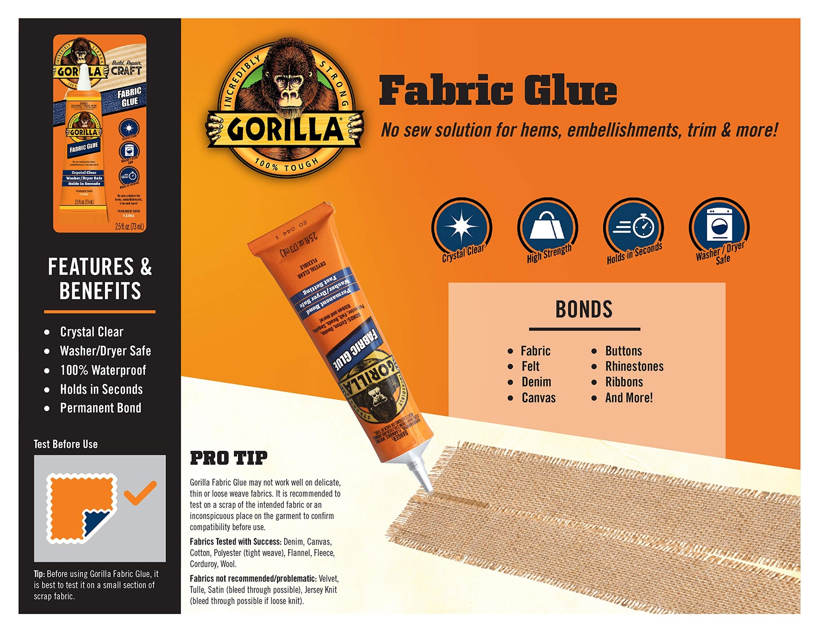 Gorilla Glue Waterproof Fabric Glue 2.5 Ounce Tube, Clear, (Pack Of 1) (8025501)