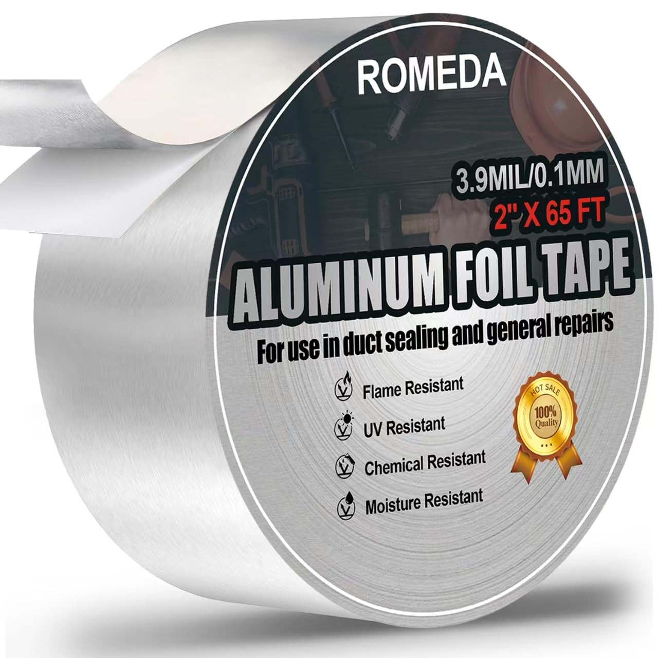 Aluminum Foil Tape 2″ x 65ft | 3.9 Mil High-Temp HVAC Tape for Ductwork & Vents