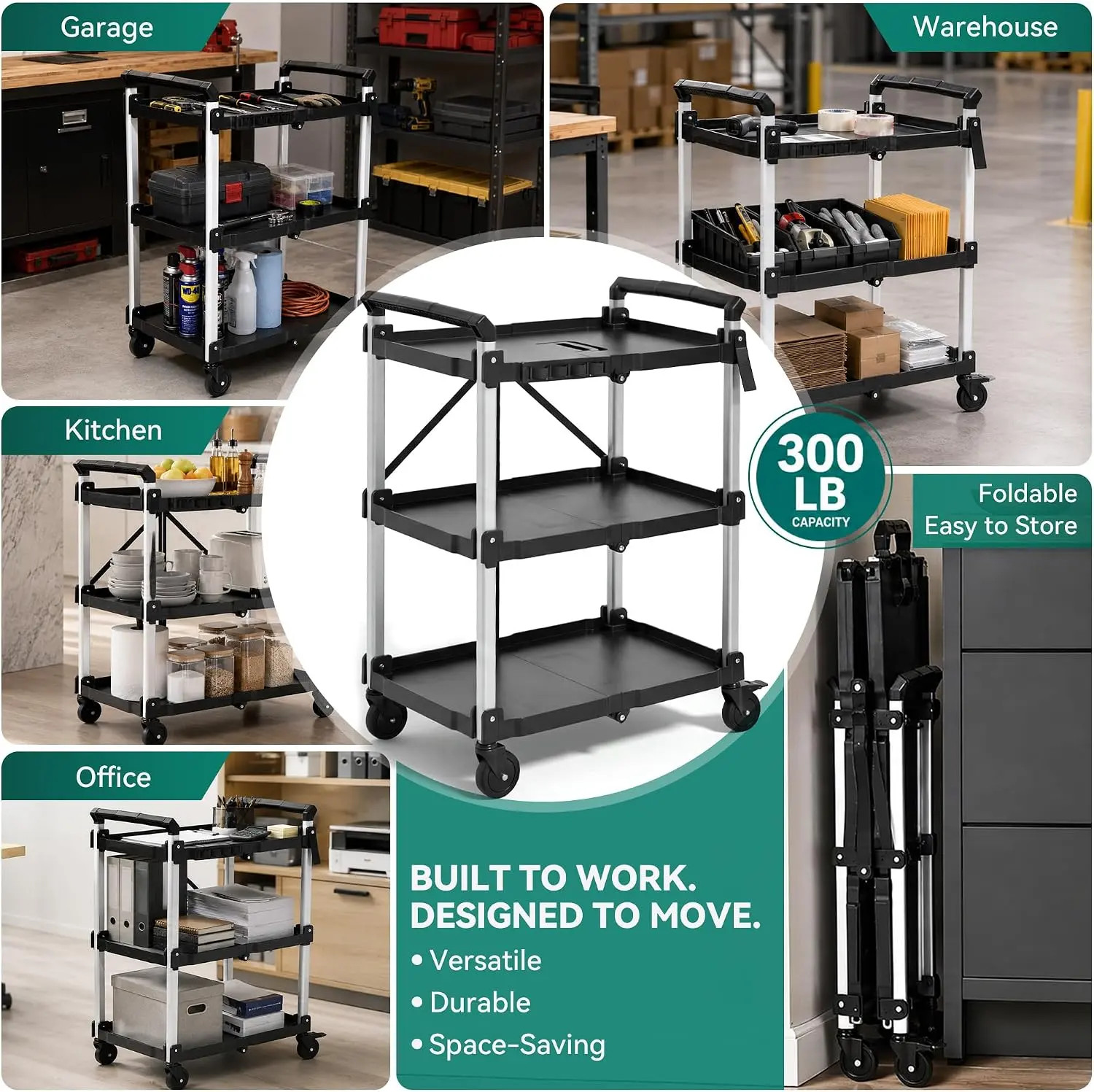 300 LBS Folding Service Cart 3 Tier Portable Cart w/Wheels&Tool Side Mount Strap
