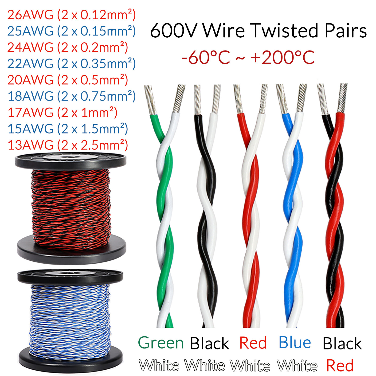 0.12-2.5mm² Wire Twisted Pairs 1-100 Metres Long PTFE hi-temp wire twisted pair