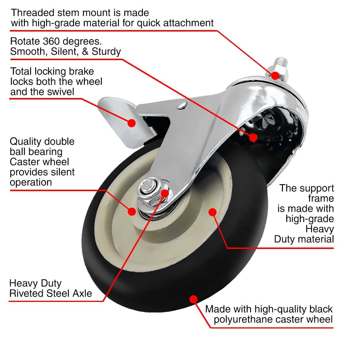 4 Pack 5 Inch Stem Caster Swivel w/ Front Brake Black PU Heavy Duty Caster Wheel