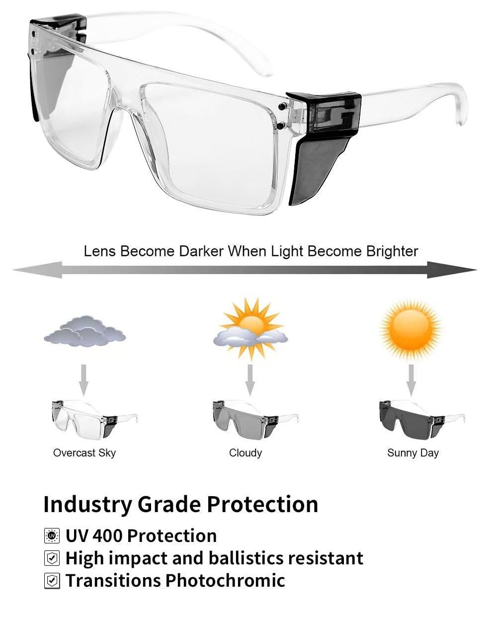 UV400Transition Photochromic Safety Glases Light to Dark Grey Lenses ANSI Z87…