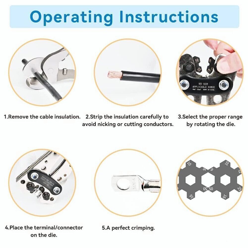 Battery Cable Lug Crimping Tool 10-1 AWG W 60PC Copper Ring Terminal Heavy Duty