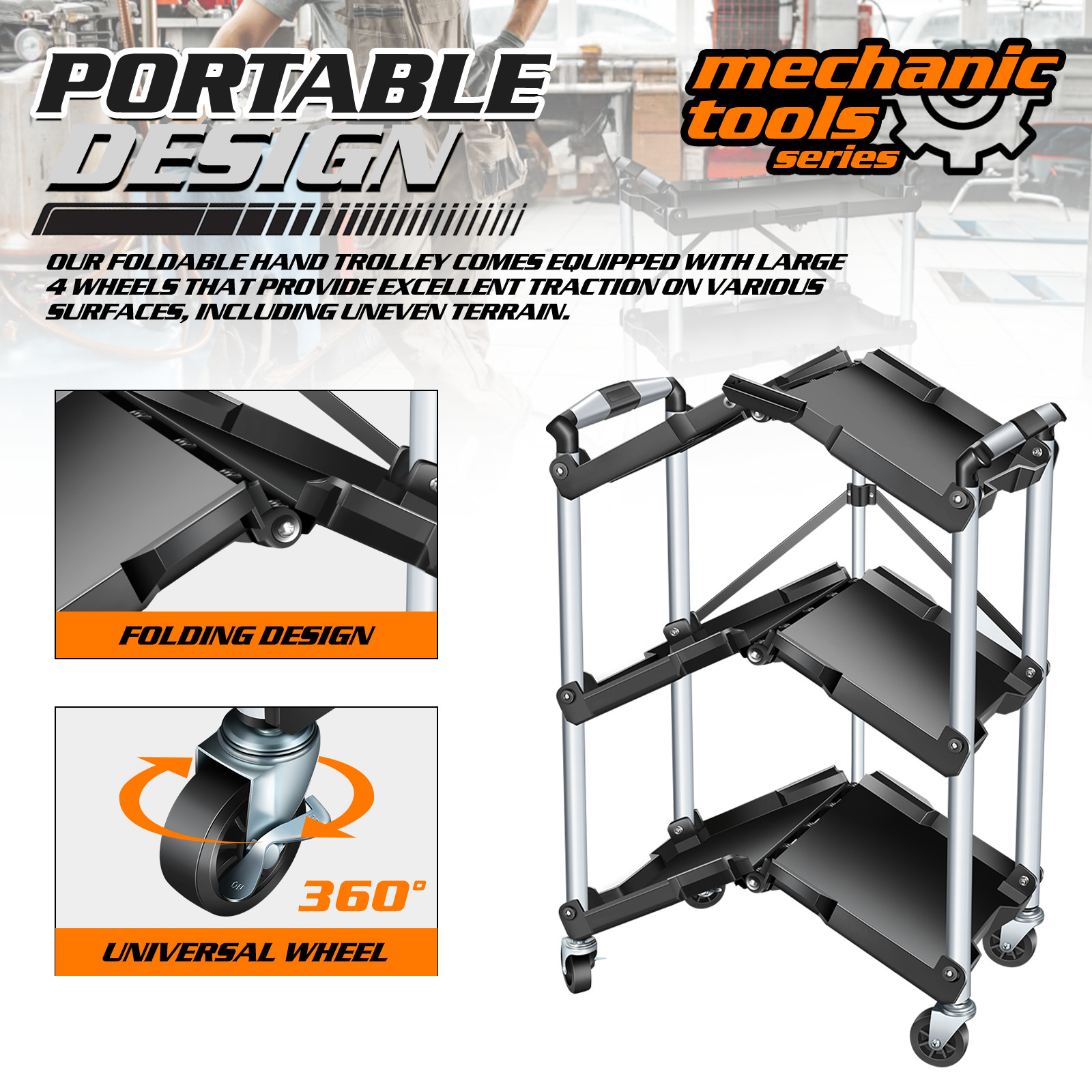 3 Tiers Rolling Tool Cart Workshop Tool Trolley Mobile Casters w/ Hanging Board
