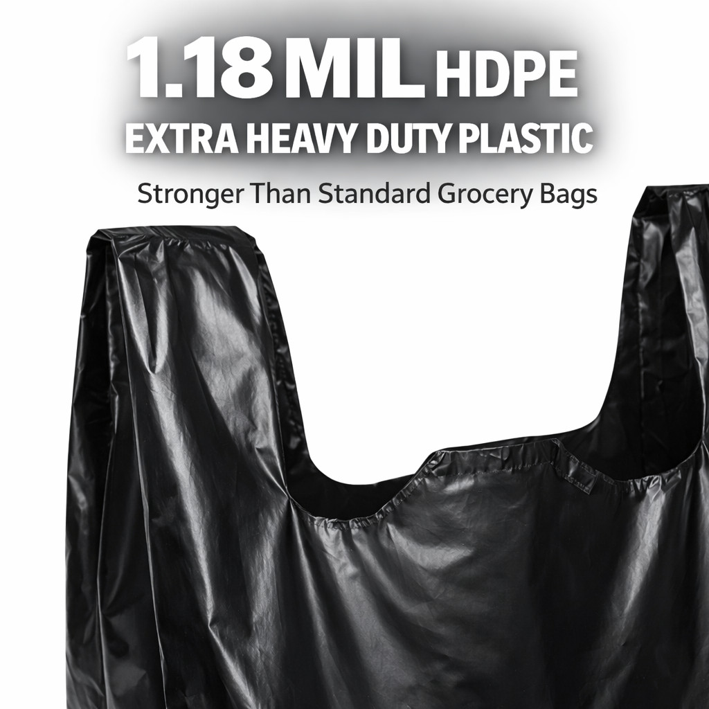 Bags 1/6 21 x 6.5 x 11.5 Extra Heavy Duty 1.18 Mil BLACK T-Shirt Plastic Grocery