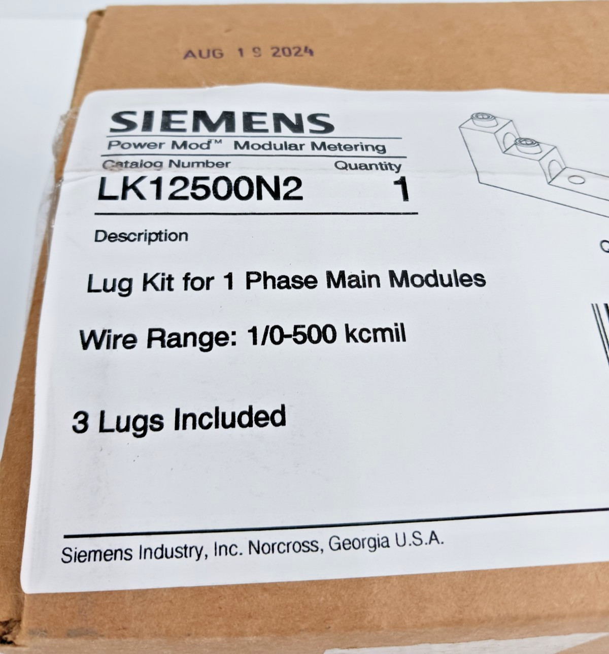 New Siemens LK12500N2 Lugs Kit for 1 Phase Main Modules 1/0-500 KCMIL Pack of 3