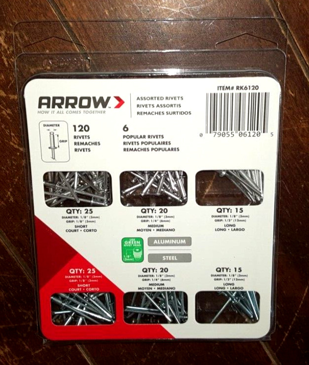 Arrow 120pc Assorted Rivets ~6 Popular Rivets~ Item #RK6120