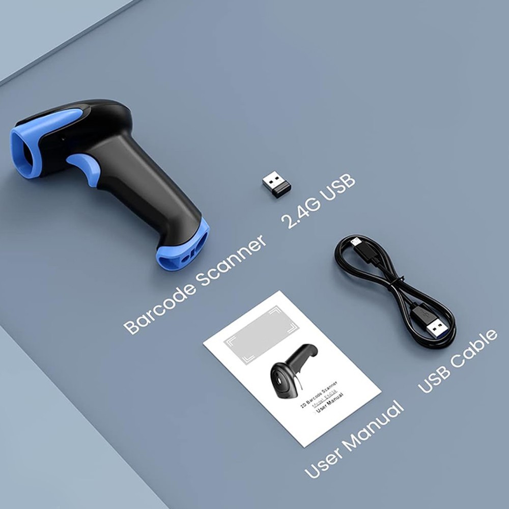 2D Bluetooth Wireless Barcode Scanner Handheld Cordless USB QR Code Reader Blue