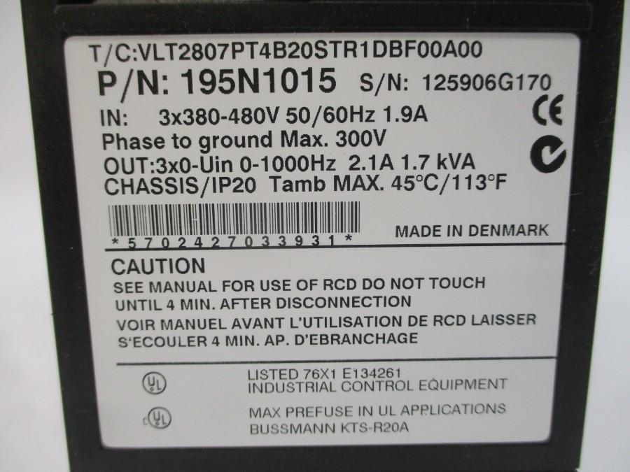 DANFOSS 195N1015 VLT2807PT4B20STR1DBF00A00 380-480V 1.9A NSNP