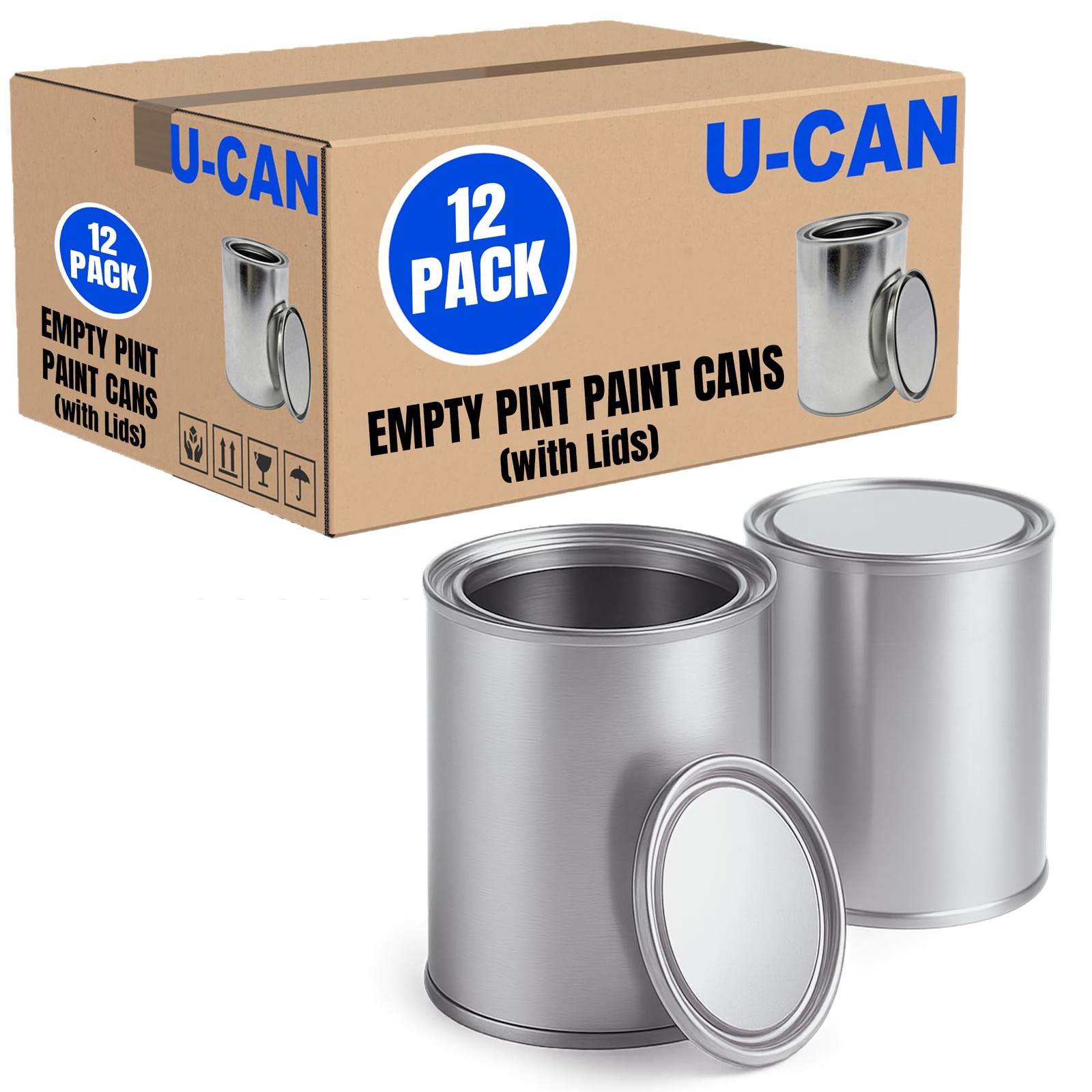 LAUCO Empty Paint Cans with Lids, 16 oz Pint Metal Paint Cans, 12 Pack, Durable