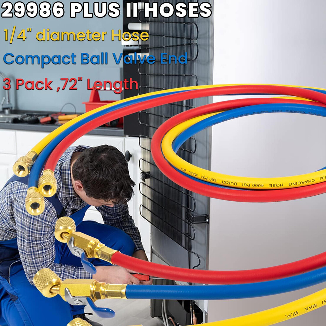 3 Pack 29986 Plus II 1/4″ Red Blue Yellow Charging Hose Compact Ball Valve 72″