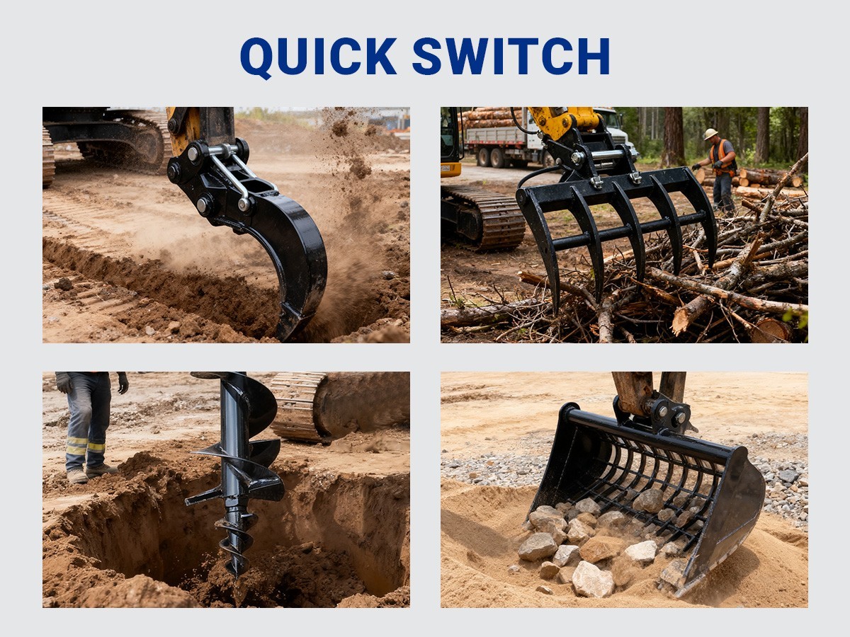 11-in-1 Mini Excavator Attachment Set: From Rakes to Buckets & Quick Coupler