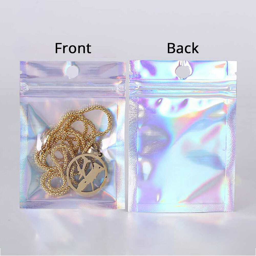 Multi Size Clear Front Holographic Silver Back Glossy Foil Mylar Zip Lock Bag