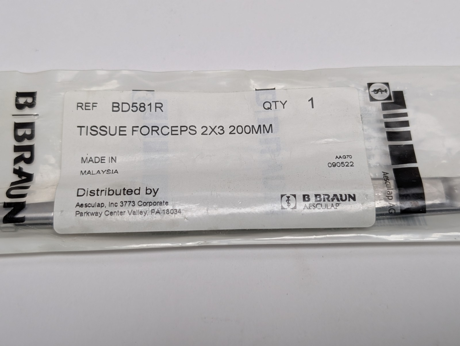 B. BRAUN AESCULAP BD581R Tissue Forceps 2×3 200mm Made In Malaysia (NEW).