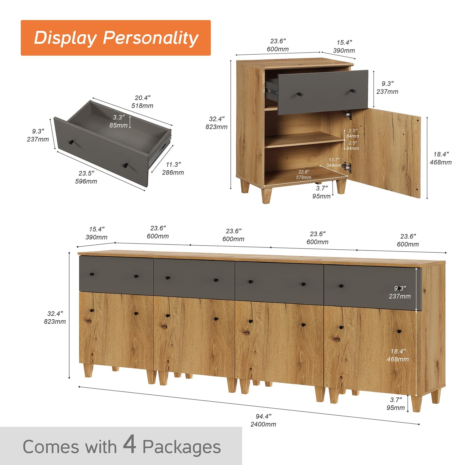 4 Modern Wood Cabinets with Drawers Doors Adjustable Shelves Oak Brown Dark Grey