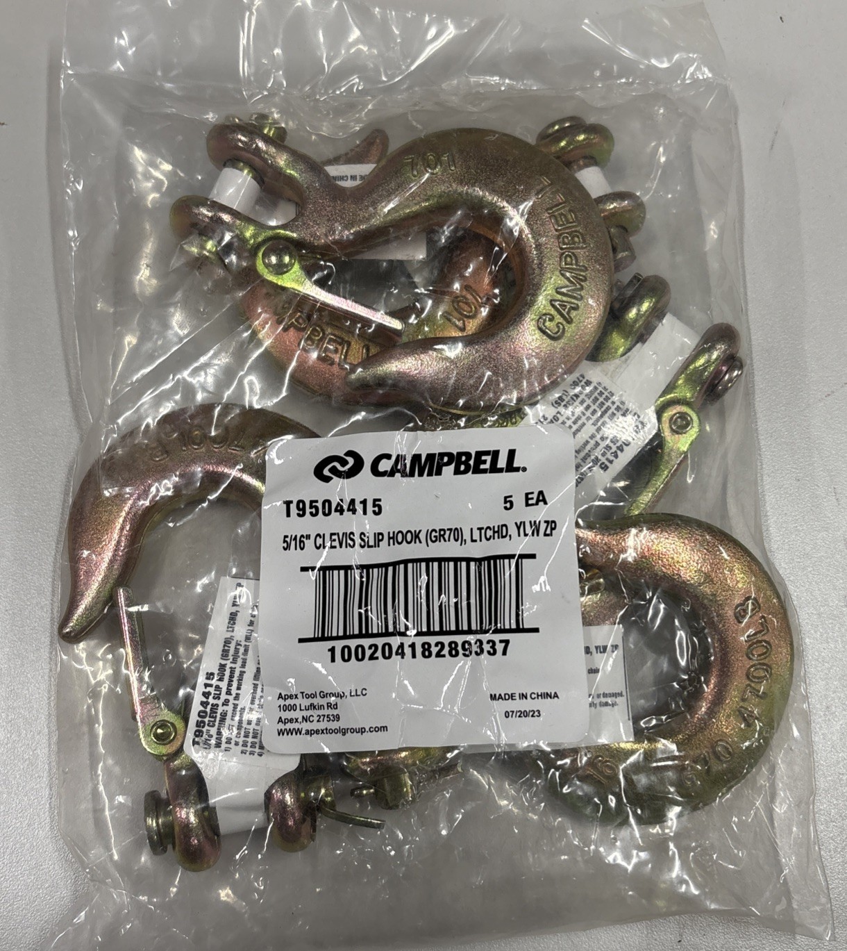 5 Pack Campbell T9504415, 5/16″ Clevis Slip Hook W/Latch Grade 70