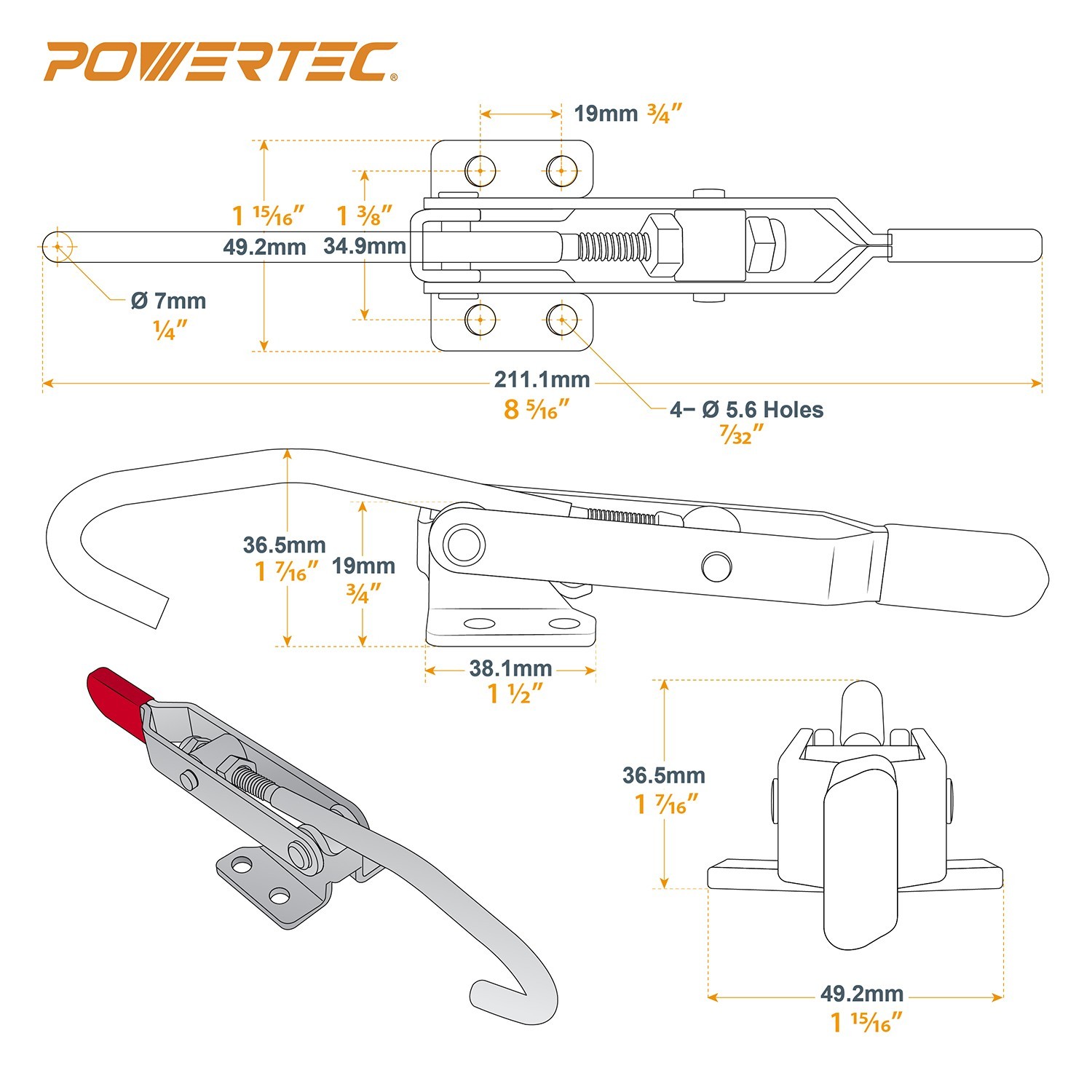 POWERTEC J Hook Toggle Clamp 451 w/ Hook Type Draw Latch Pull Action, 375 lb 2PK