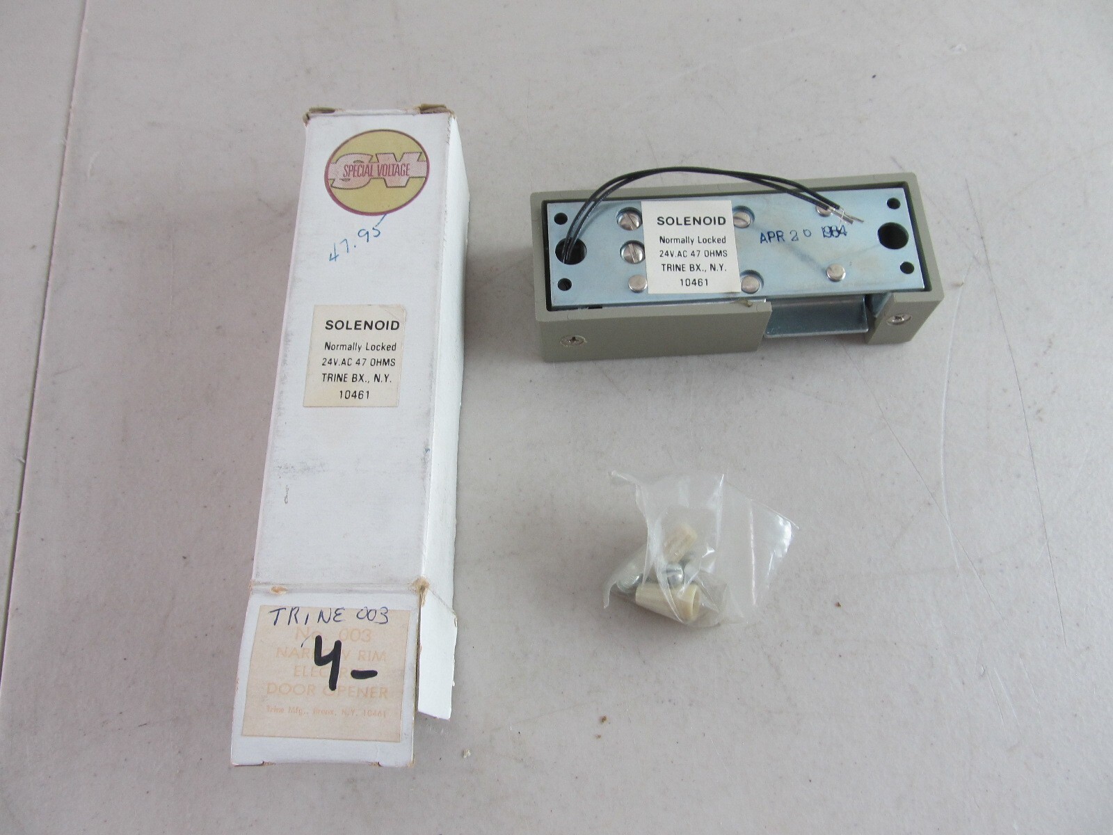 ELECTRIC DOOR OPENER STRIKE SOLENOID TRINE MODEL 003 Narrow Rim 24VAC New