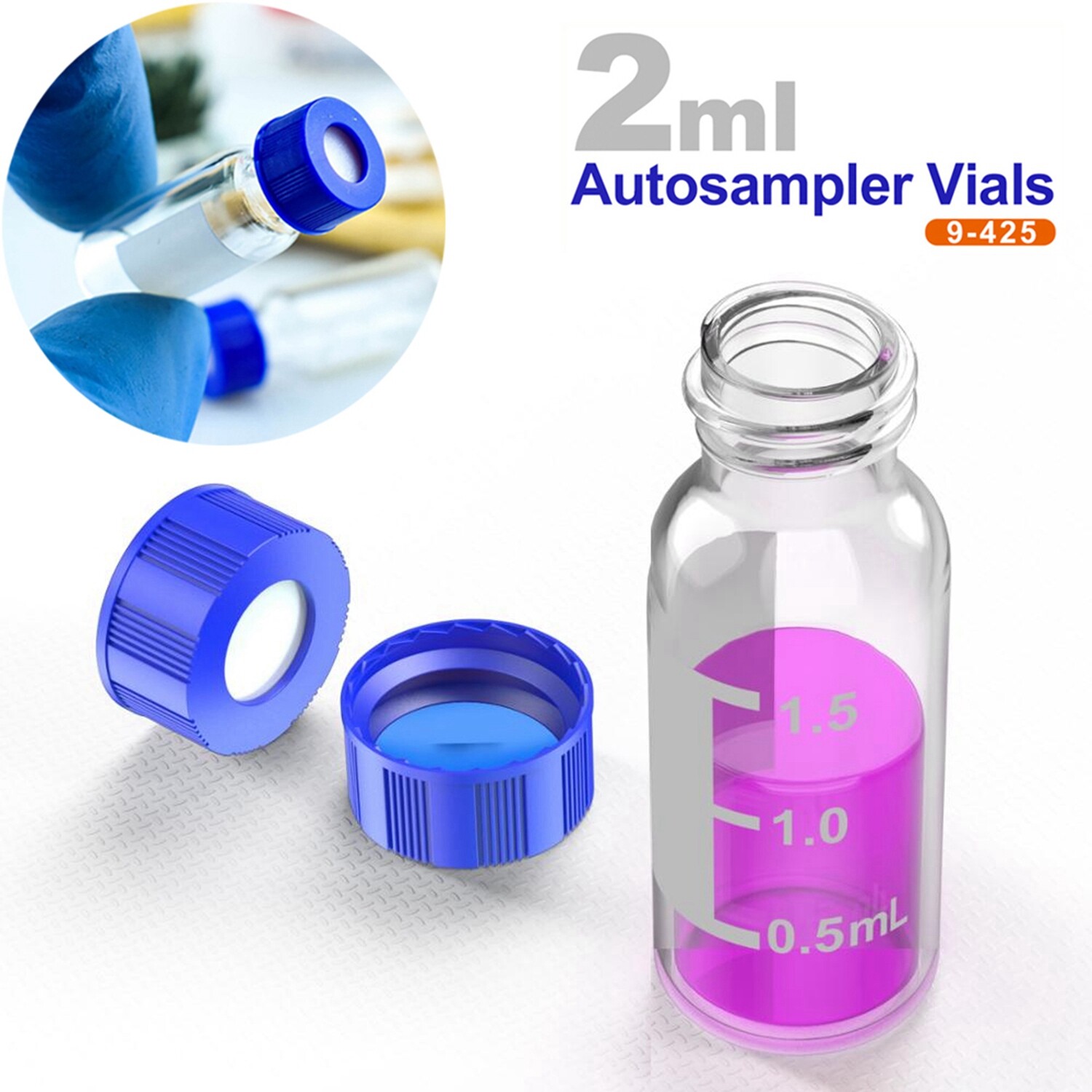 2ml Clear Glass Vials, 9-425 Thread, Type 1 Borosilicate, High Clarity, for Lab