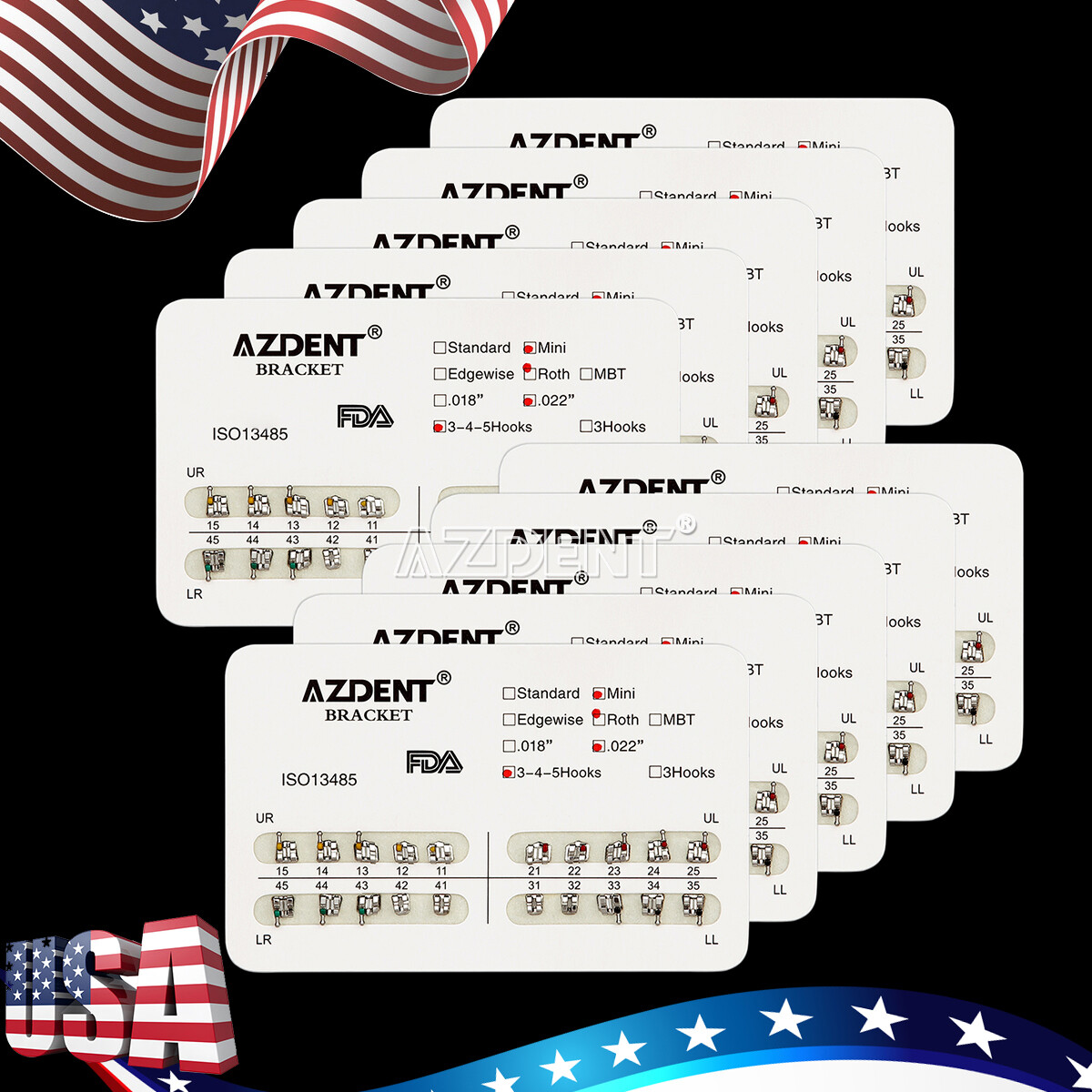 AZDENT Dental Orthodontic Bracket Braces Mini Roth .022 Hooks 3-4-5/ Hooks 3