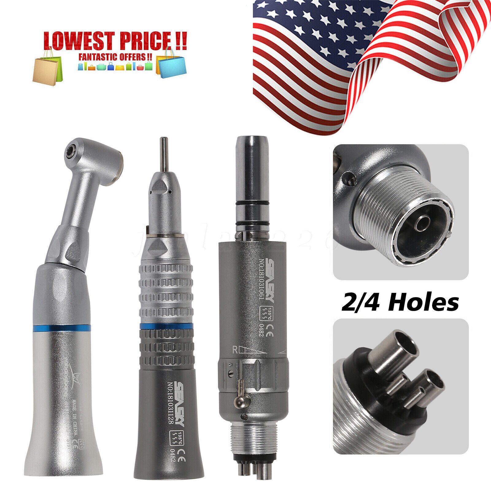 SEASKY Dental Slow Low Speed Handpiece Contra Angle Straight Air Motor 2/4Hole