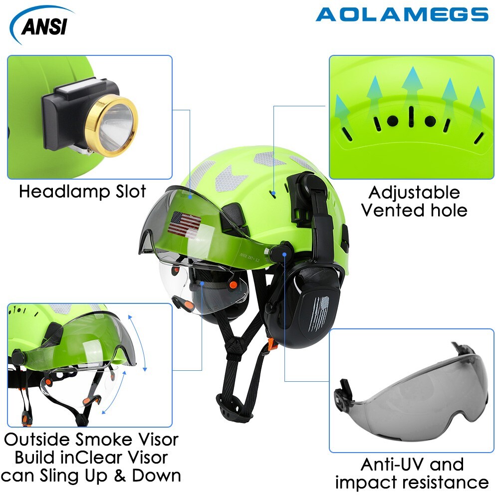 CE Construction Safety Helmet With Visor Built In Goggles Earmuffs ANSI Hard Hat