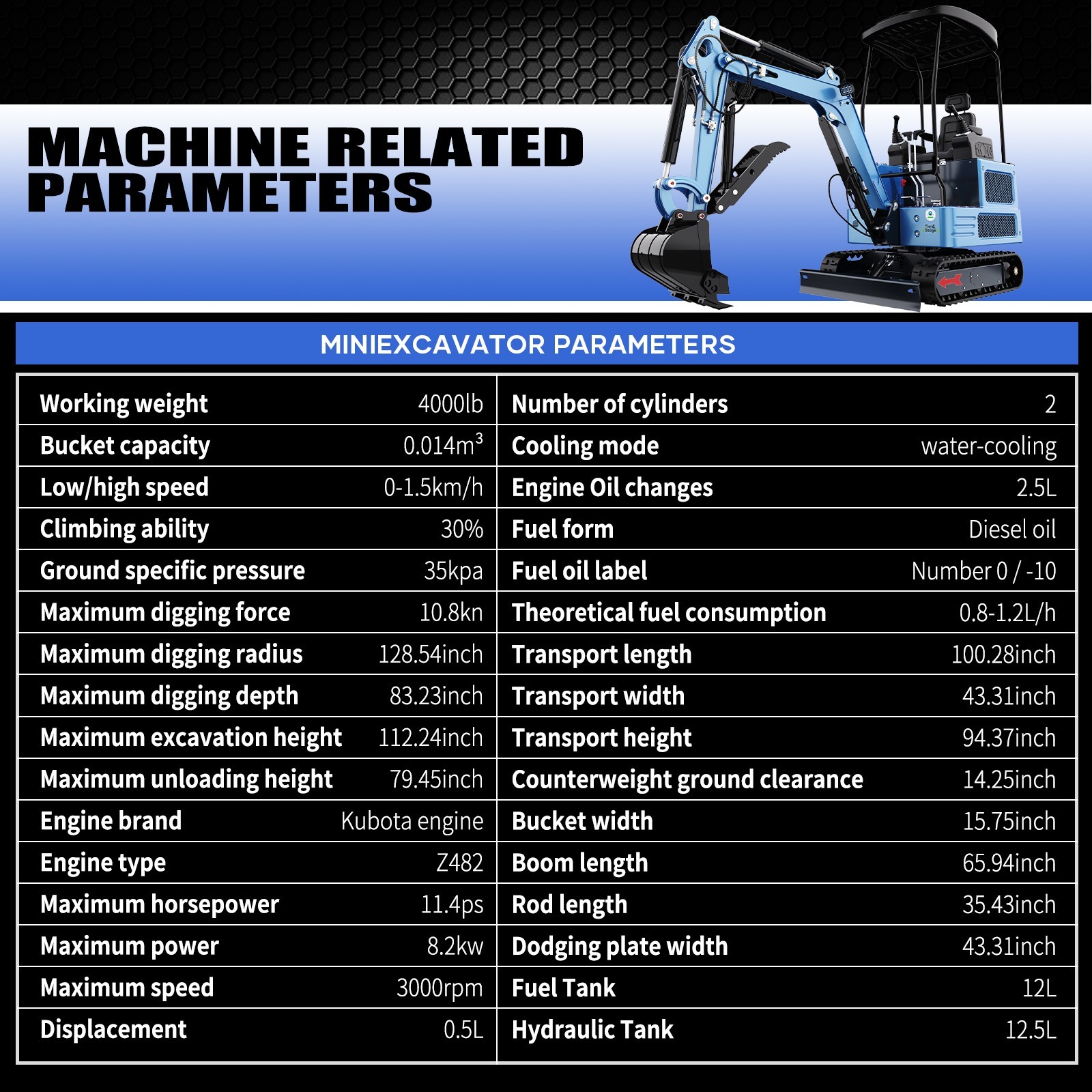 1.8 Ton Mini Excavator 4000lbs KUBOTA Twin Cylinder Diesel Engine Crawler Digger