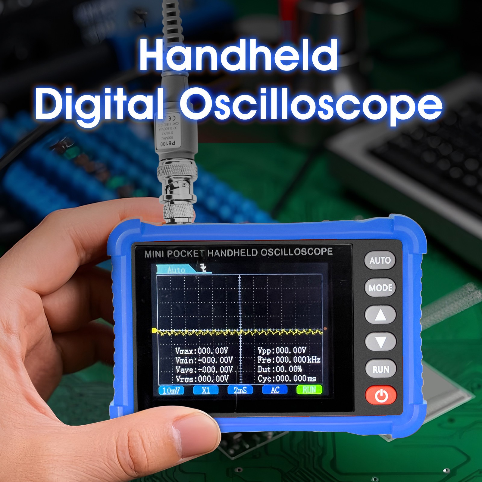 Portable Oscilloscope Kit – 250kHz, Handheld w/ Probe, Lithium Battery, AUTO Set