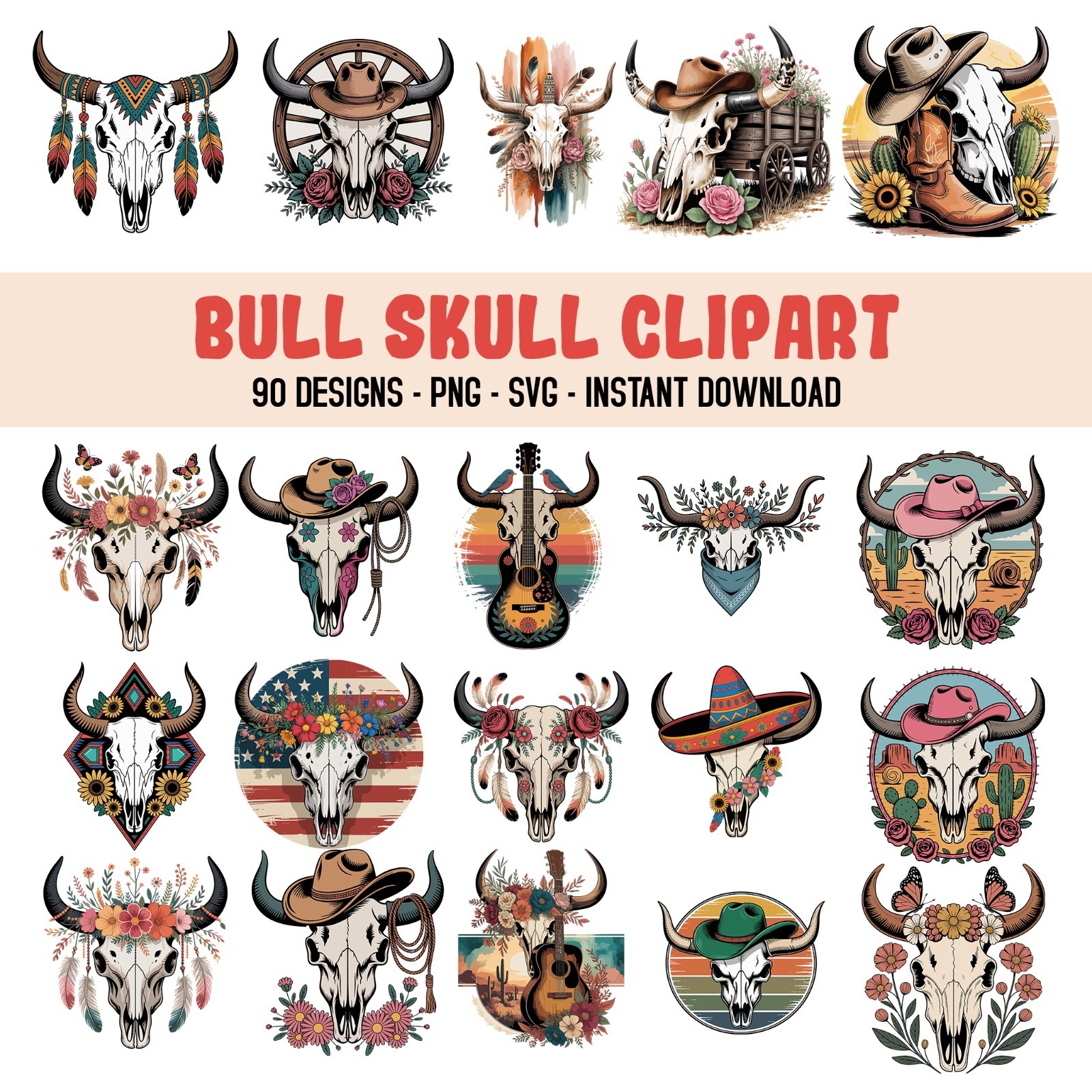 Western Boho Bull Skull Clipart Bundle, western PNG, Western Sublimation,