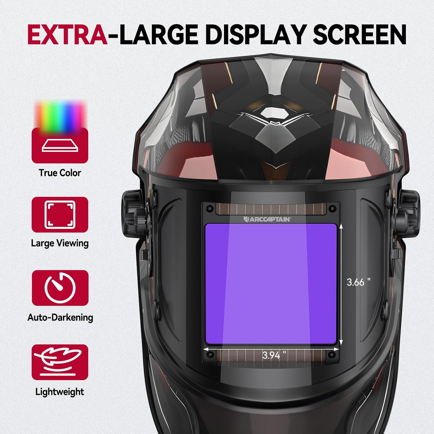 ARCCAPTAIN Welding Helmet Auto Darkening Large Viewing TIG MIG ARC 3.93″X3.66″
